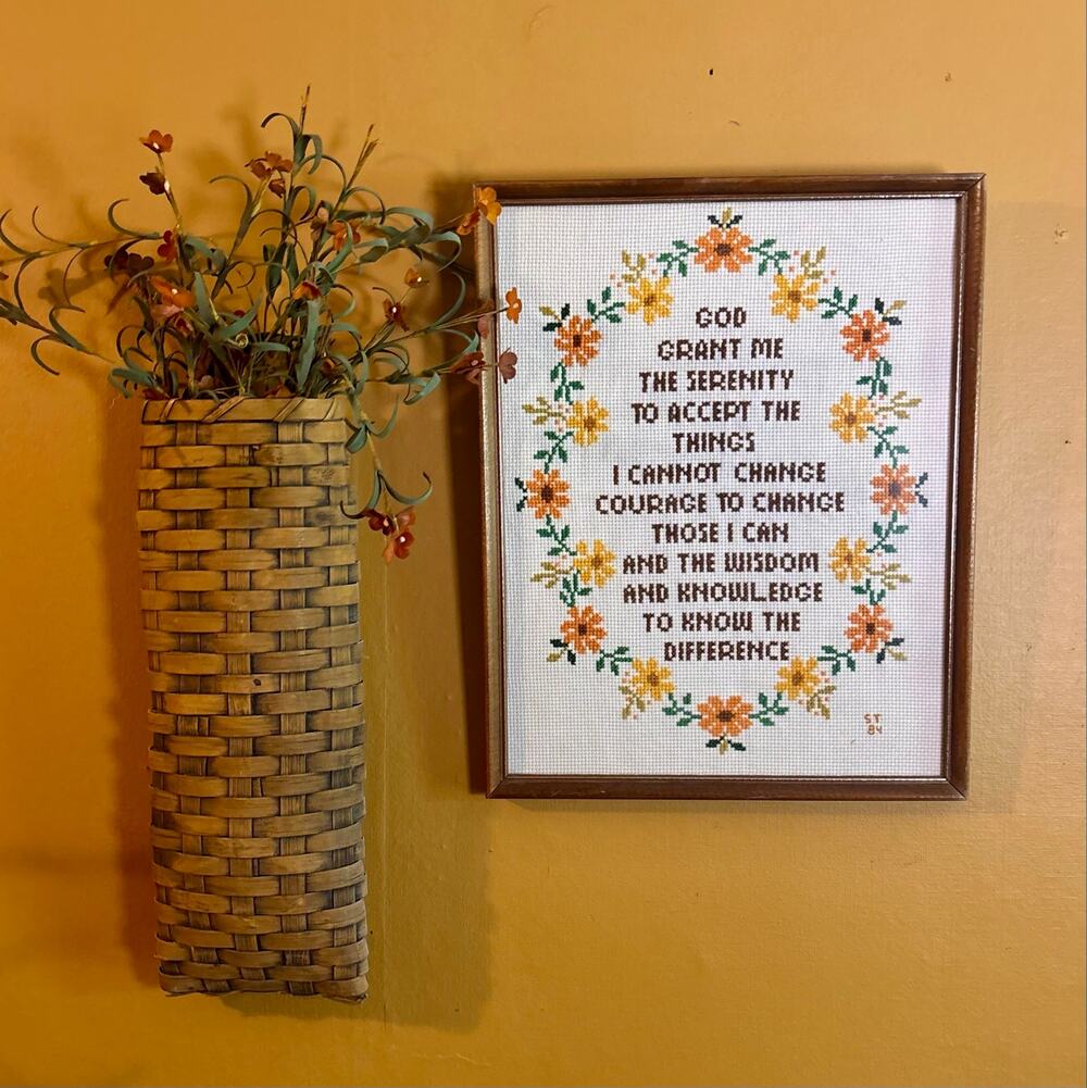 Handmade Serenity Prayer Framed Cross Stitch Wall Art 11 X 14" Vtg Cottagecore